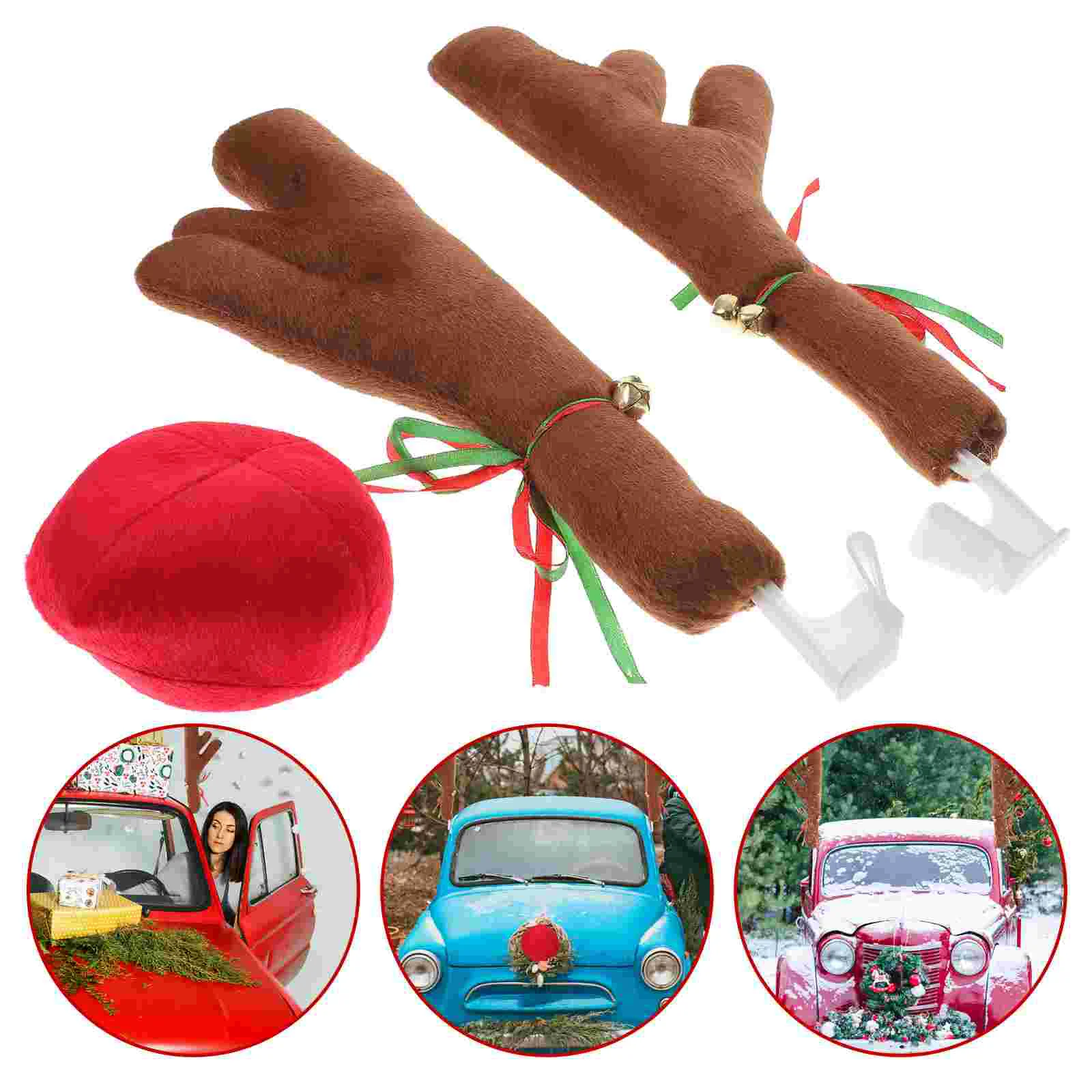 

Car Antlers Reindeer Decor Christmas Accessories Snowman Exterior Decorations Holiday Auto Elk Diy Prop Cosplay Nose Red Big