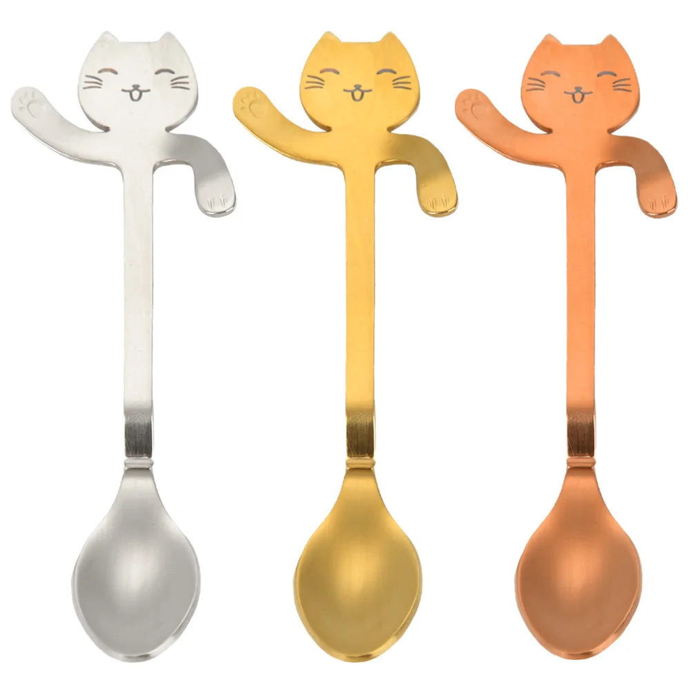 

Cute Cat Shaped Coffee Scoops Long Handle Cartoon Spoon Stainless Steel Hanging Coffee Milk Stirring Spoons Coffeeware