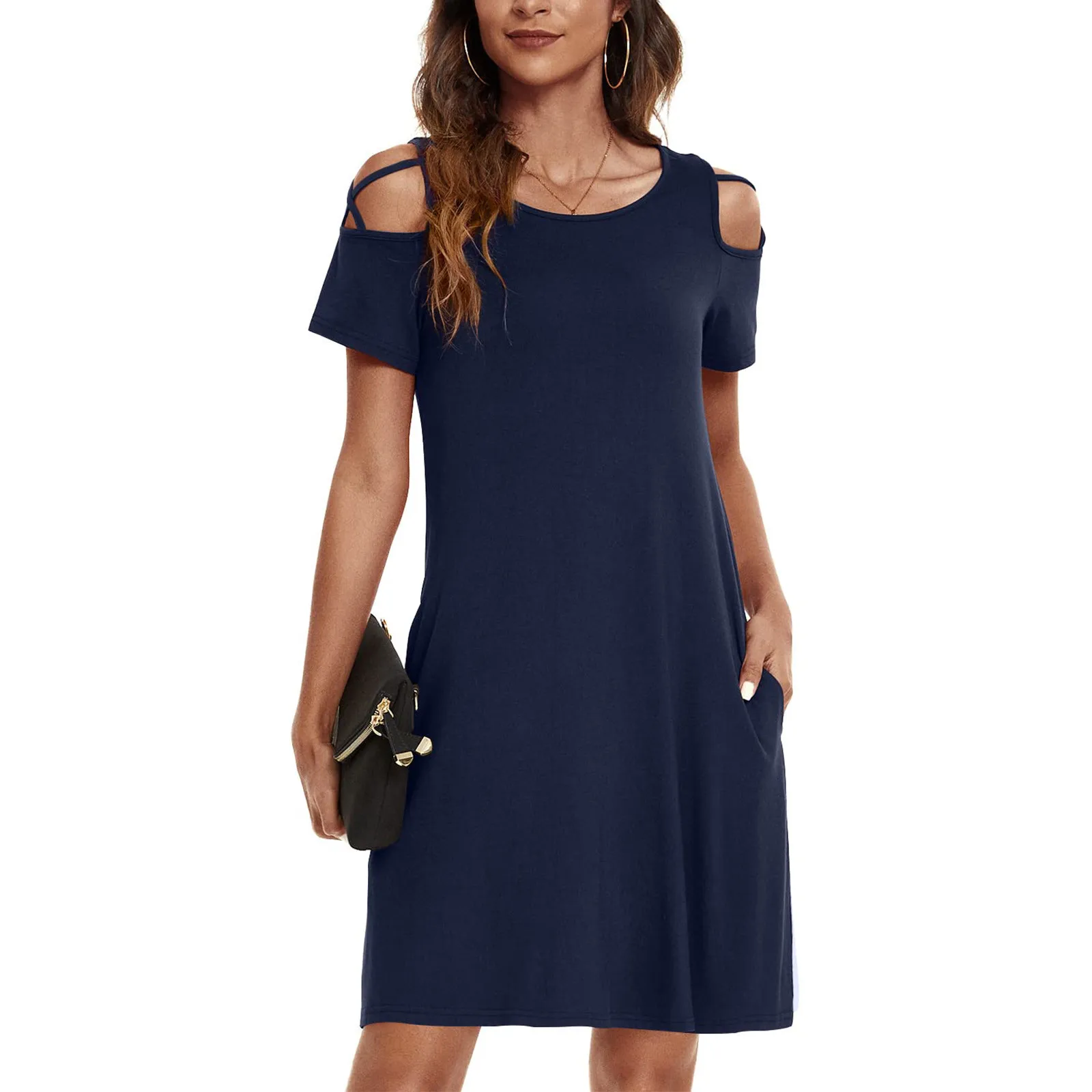 

Summer Casual Short Dress With Pockets 2022 Women Hollow Out Cold Shoulder Short Sleeve Vacation Beach Elegant Mini Dresses