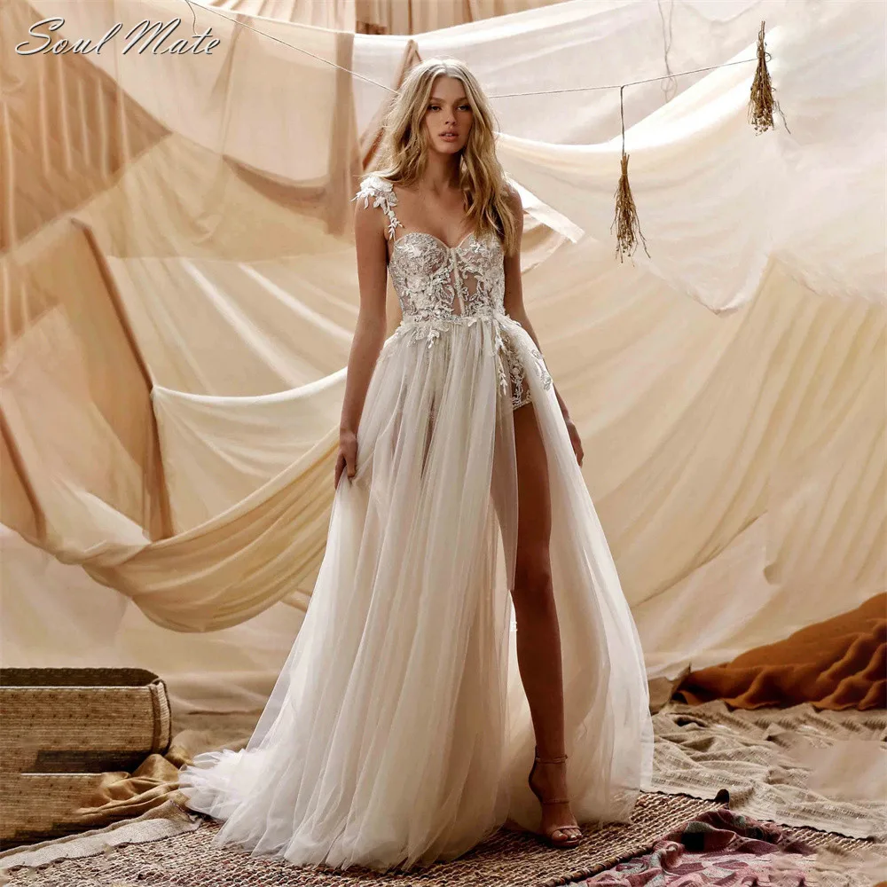 

Boho Lace A Line Wedding Dresses 2022 Beach Sexy Slit Backless Bridal Dress Sweetheart Appliques Bridal Gown vestidos de novia