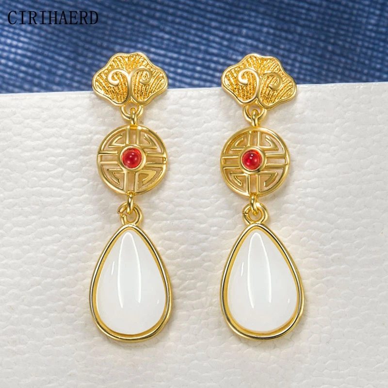 

Women Luxury Jewelry Gold Plated Stud Earrings For Women Long Tassel Hanging Imitation White Jade Retro Party Earrings Wholesale