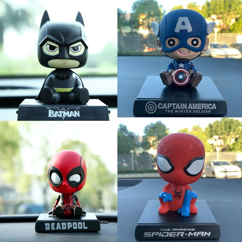 

Kawaii 12cm Plastic Marvel Avengers Action Figure Deadpool Spiderman Captain America Batman Shaking Head Car Decoration Toy Gift