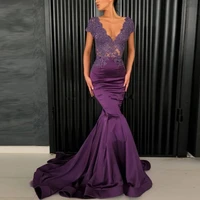 sexy lace purple prom dress 2022 mermaid fashion backless party dress short sleeves for women satin zipper robes de soir%c3%a9e