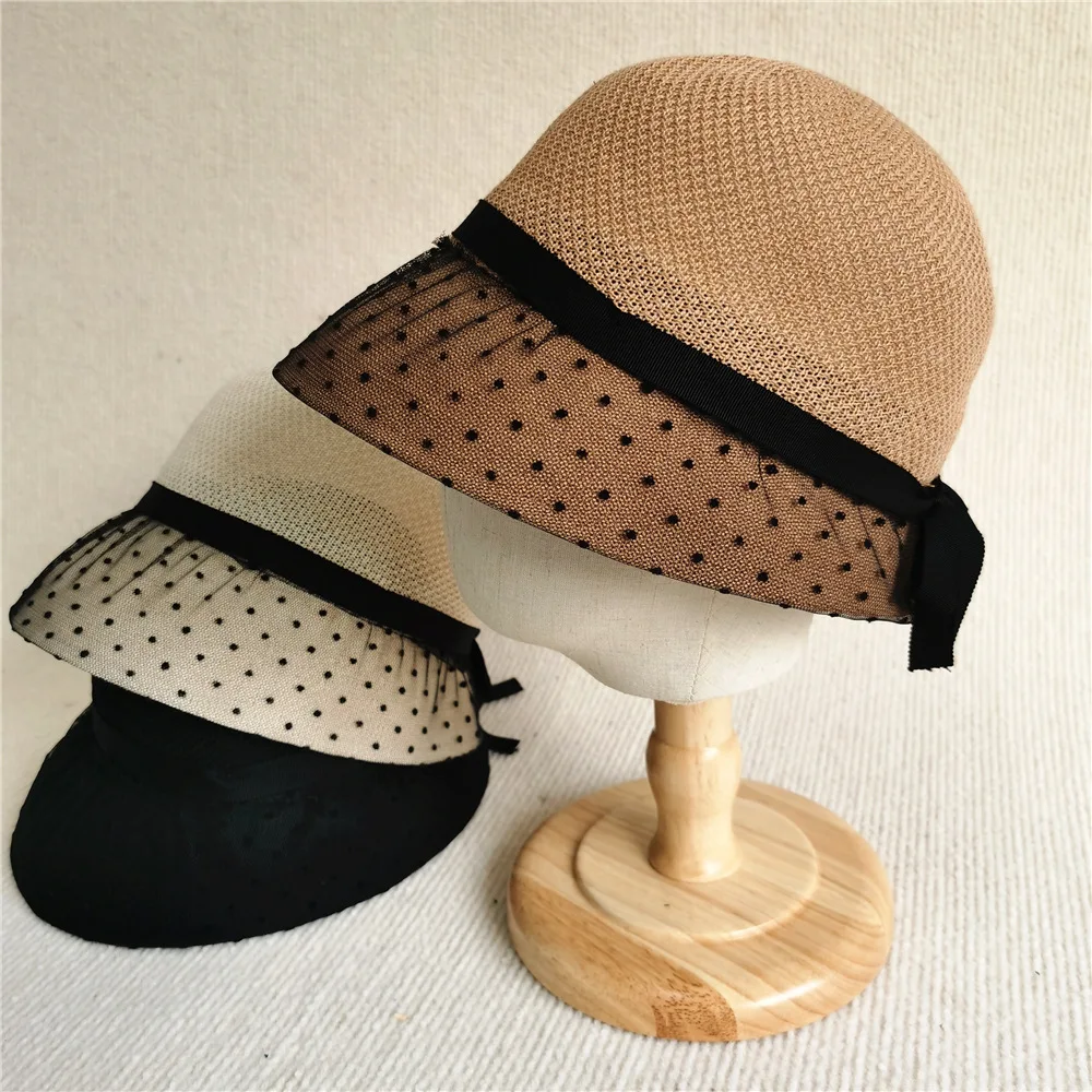 

Women Autumn breathable knitted front long back short bucket Hat dot lace mesh bowknot basin cap foldable sun protection cap