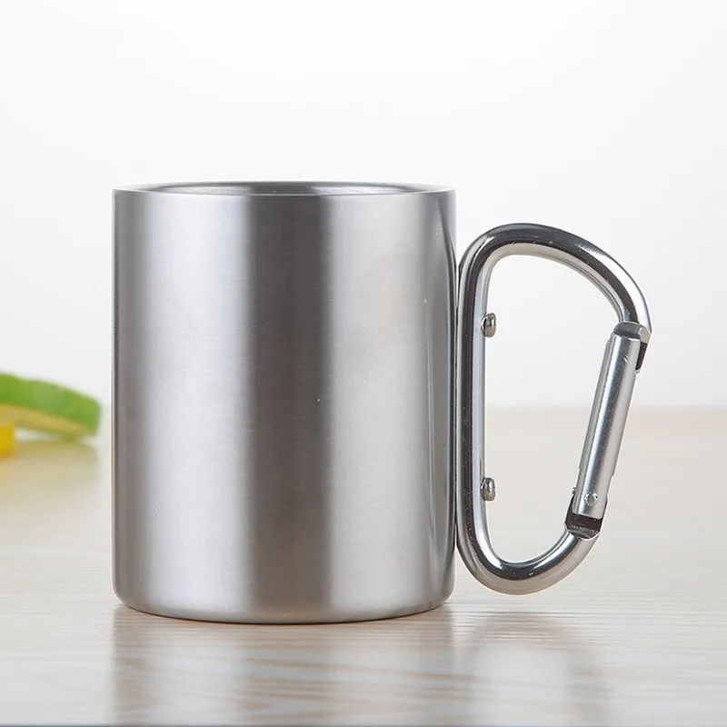 220/300/450ml Camping Travel Stainless Steel Cup Carabiner Hook Handle Picnic Water Mug Outdoor Travel Hike Cup