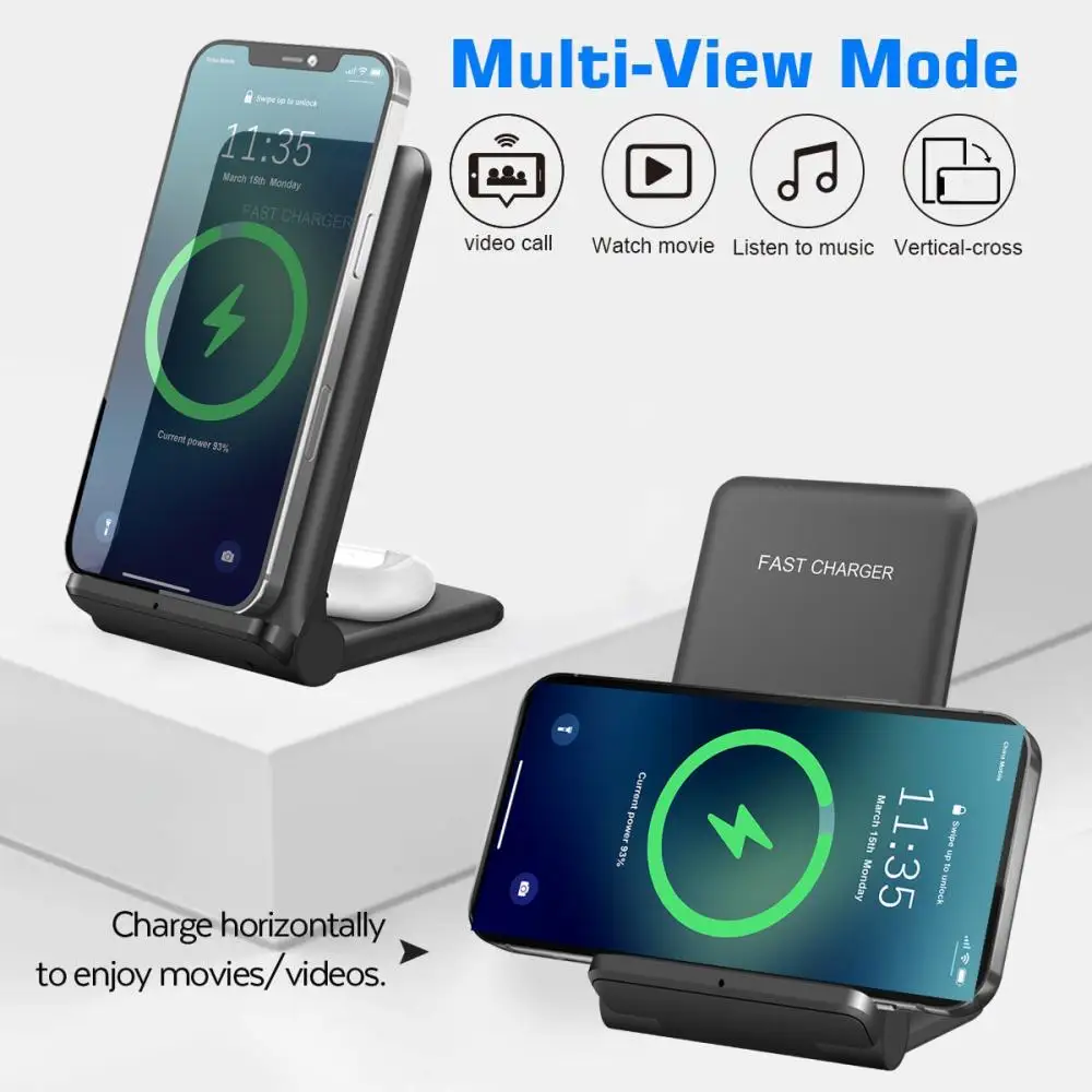 

Portable Vertical Folding Charger Bracket Qi Fast Charging Foldable Wireless Charger Pad Charging Protection Two In One Durable