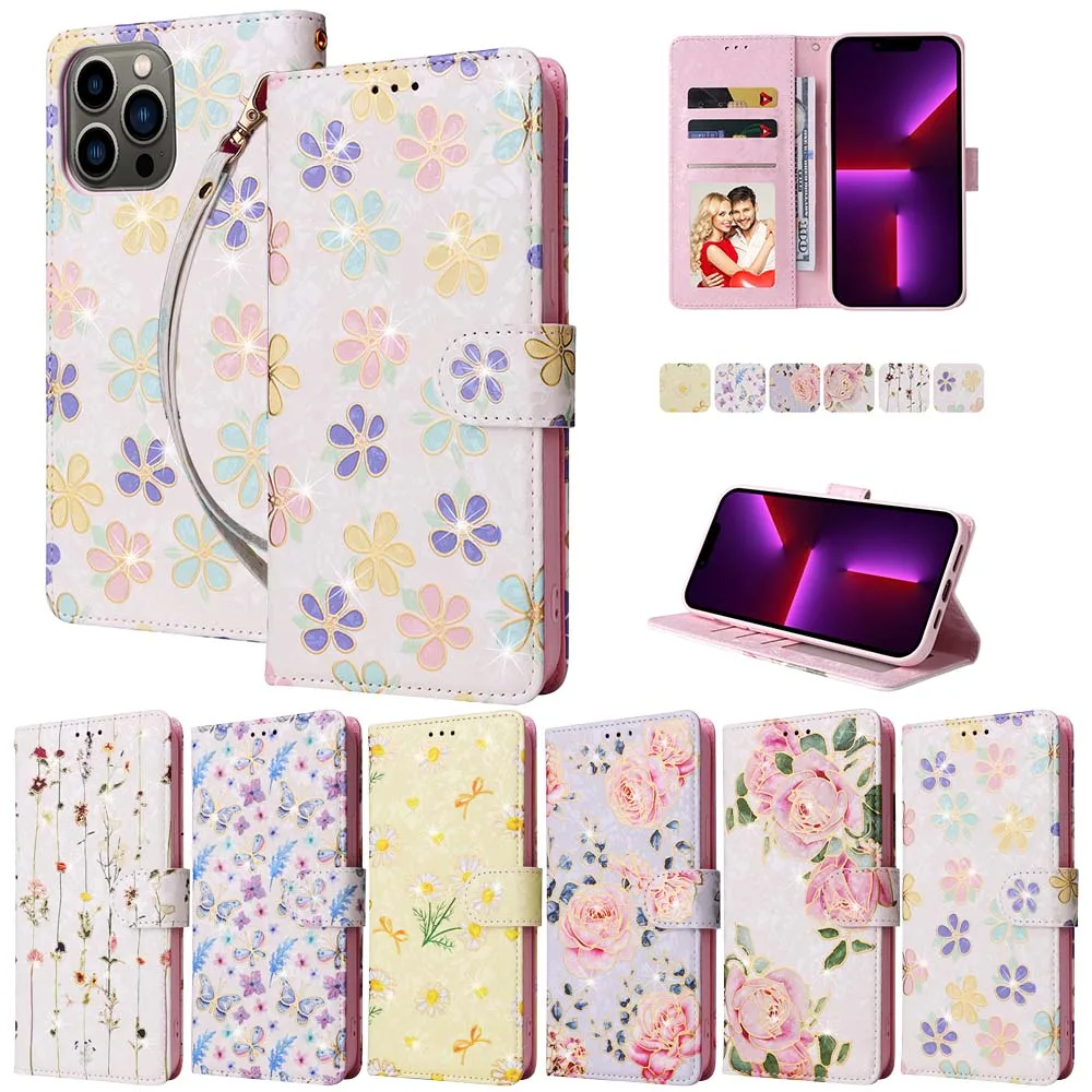 

Luxury Gold Floral Case For Samsung Galaxy S22 Ultra S21 Plus S20 FE S10 S9 S8 A12 A32 A52 Anti-theft Leather Wallet Flip Cover