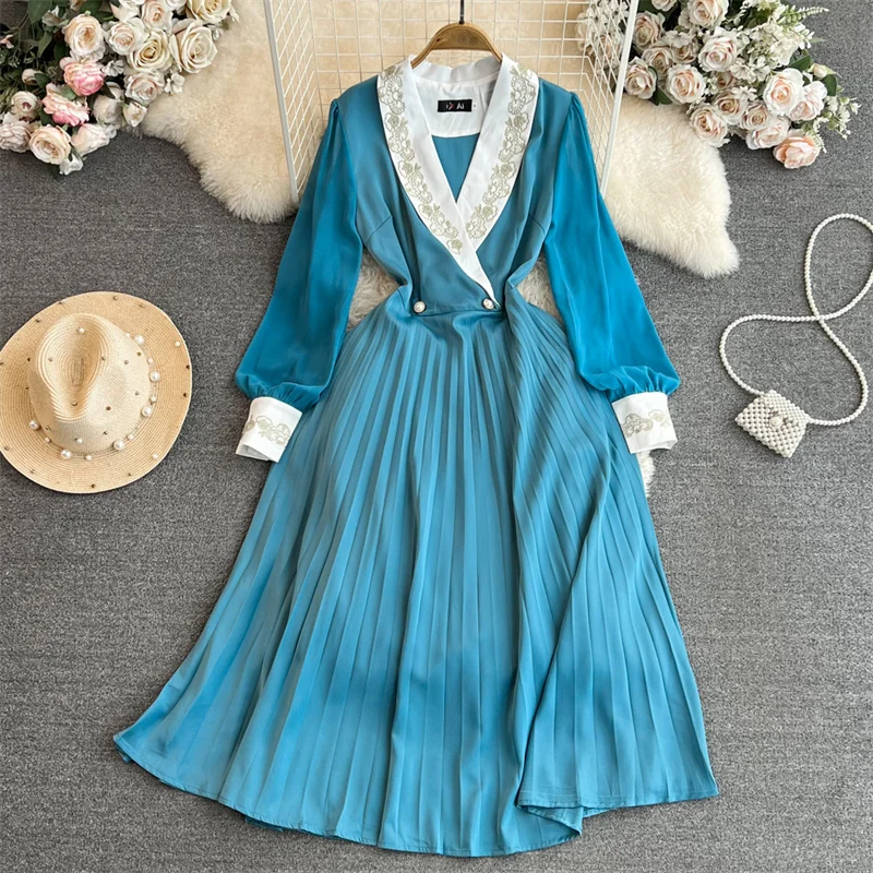 

Spring Vintage Flower Embroidery Mid-Length Women Blue Pleated Dress Contrast Color V-neck Long Sleeve High Waist Ladies Dresses