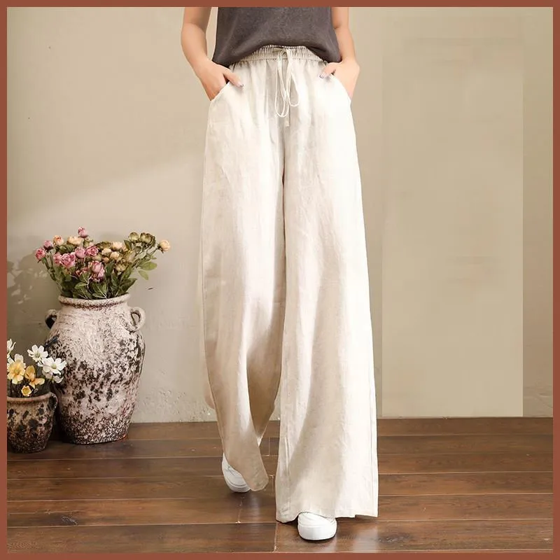 

New Arrival Summer Arts Style Women All-matched Ankle-length Pants Casual Loose Elastic Waist Cotton Linen Wide Leg Pants 2022