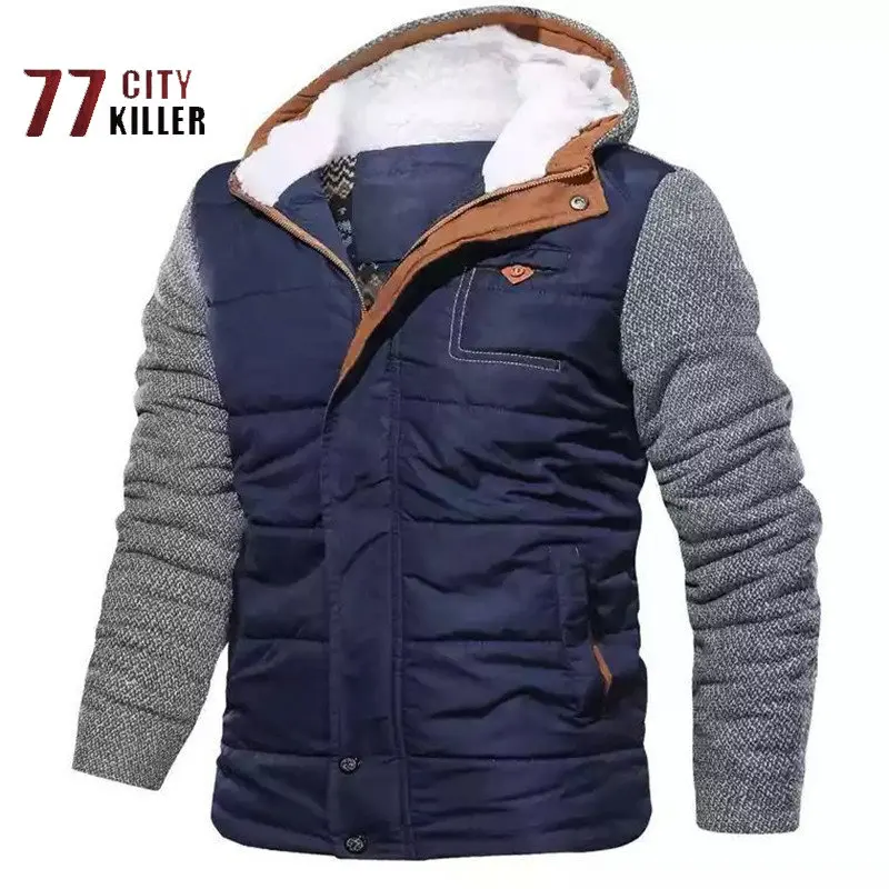 

Retro Men's Velvet Thickened Parker Color-blocking Casual Fashion Winter Cotton Clothing Men's Hooded Plus Size Warm Jacket