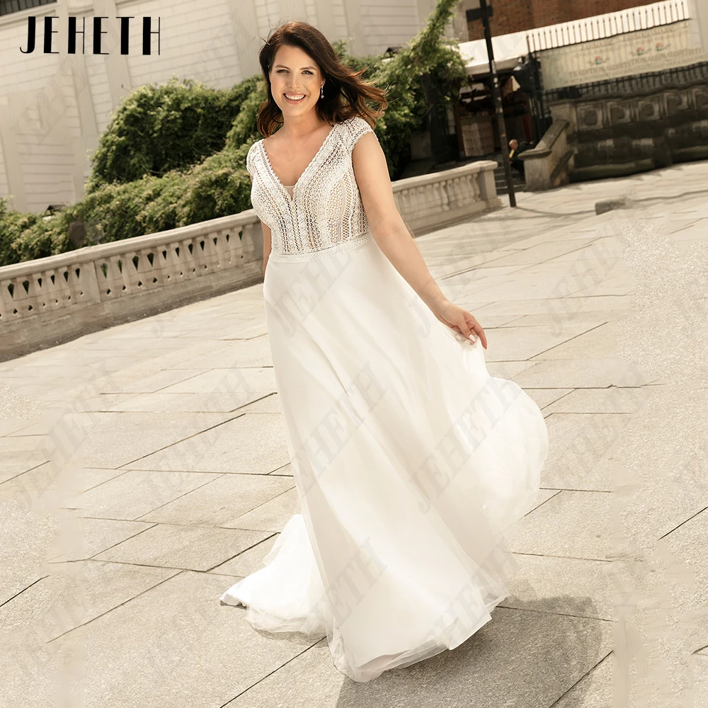 

JEHETH Classic Wedding Dresses Plus Size Cap Sleeves Chiffon A-Line Bride Gowns Lace Boho Double V-Neck vestidos de novia
