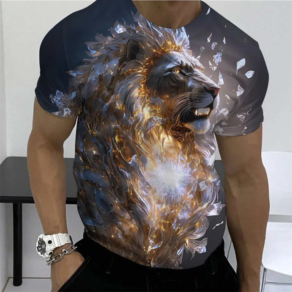 

Lion Fighting Animal Beast Fierce Lion Wolf 3D T Shirt New Summer Men's Oversized Short Sleeve Black and White Design Polyester