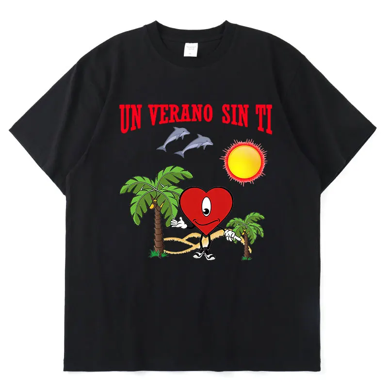 

Футболка с графическим принтом Bad Bunny UN VERANO SIN TI, мужская и женская одежда, летняя Горячая Распродажа, футболка с коротким рукавом и музыкальн...