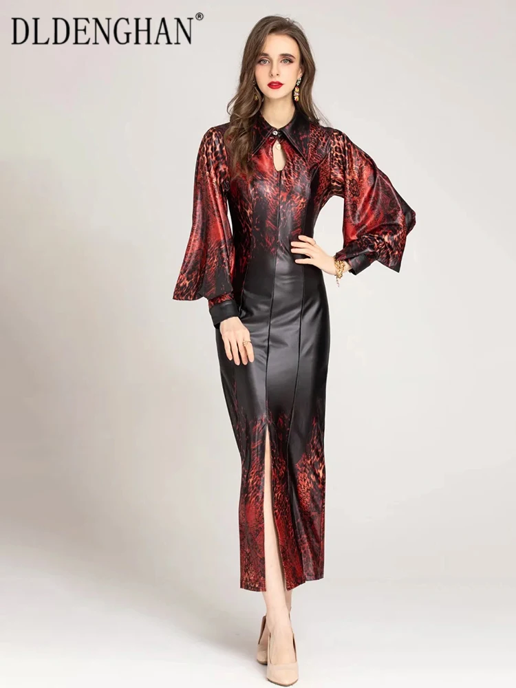 

DLDENGHAN Women Pencil Dress Lantern Sleeve Crystal Button Sashes Leopard Print Vintage Party Long Dresses Fashion Spring New