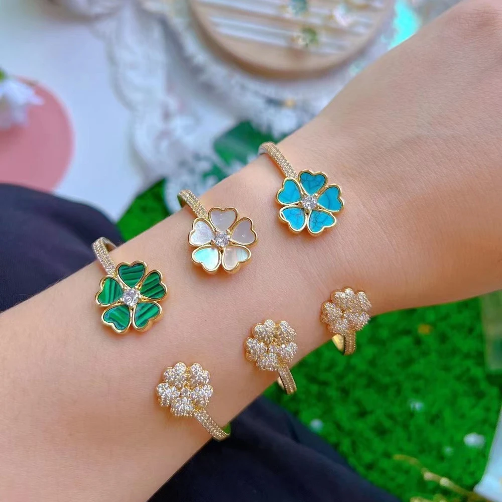 

3PCS, Top Quality Flower Shell CZ brand Fashion Jewelry Cuff Bracelets Bangles White Shell Blue Green Stone Bracelets For Women