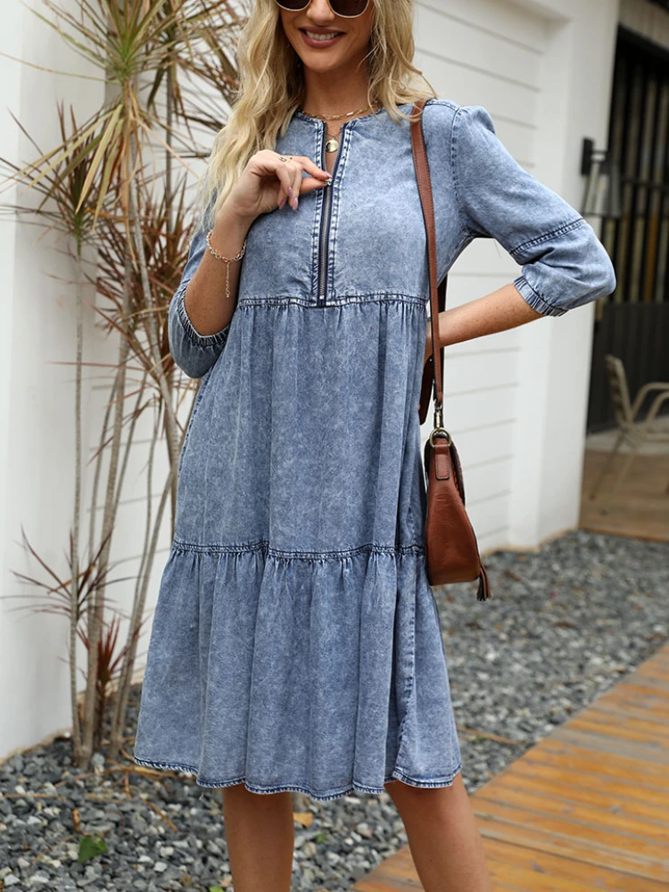 

Black Dress Women Spring Summer Imitation Denim Vintage Dress Solid Female Fashion Casual Blue Dress Knee-Length O-Neck Clothes