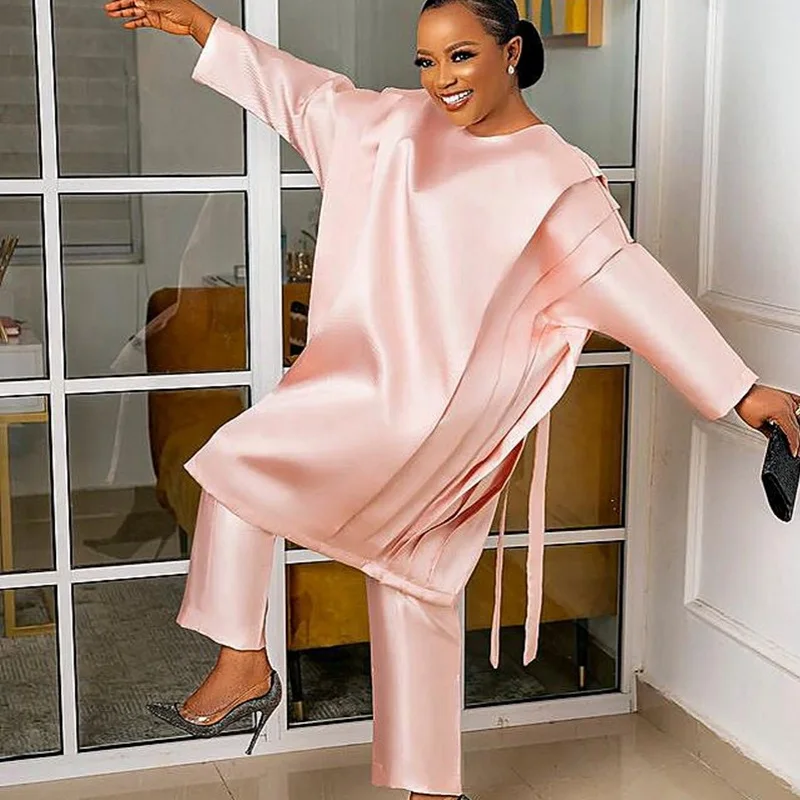 

2 Piece Set Big Size African Traditional Dashiki Solid Color Dress Pants Boubou For Women Pink Vestido Africano Mujer Outfits