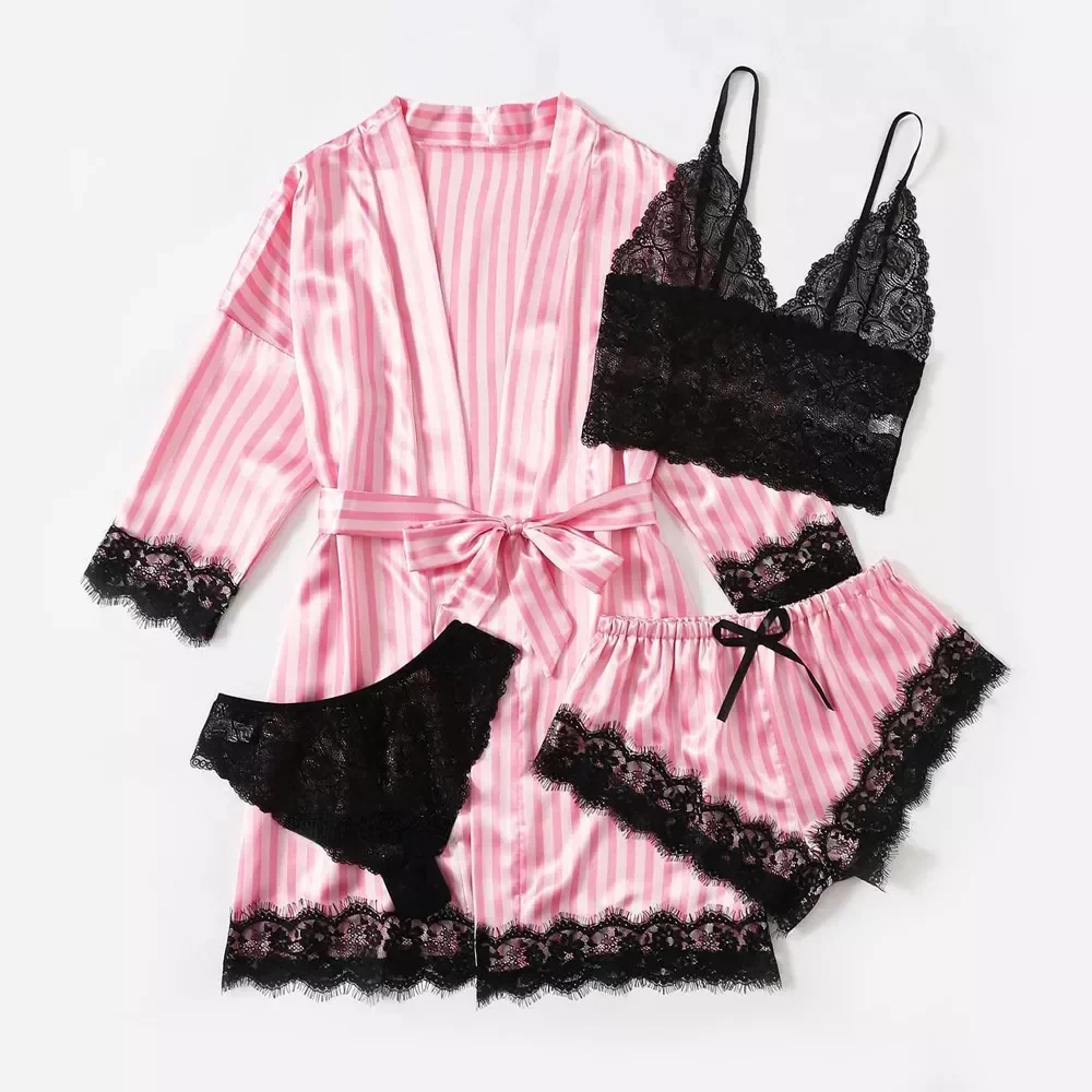 New in Sleepwear 4pcs Floral Lace Trim Satin Pajamas Set with Robe Sexy Faux Silk Pijamas Robe Sets Casual Home Clothes Nightwea