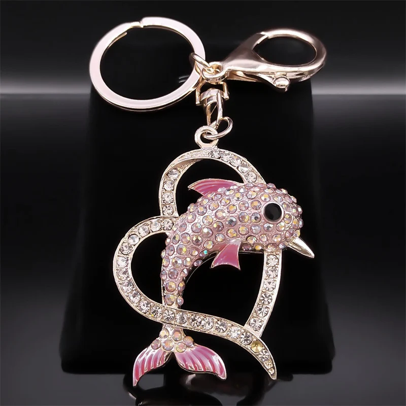 

Pink Dolphin Love Heart Key Chains for Women Rhinestone Metal Gold Color Handbag Keyring Jewelry llaveros para mujeres K5240S01