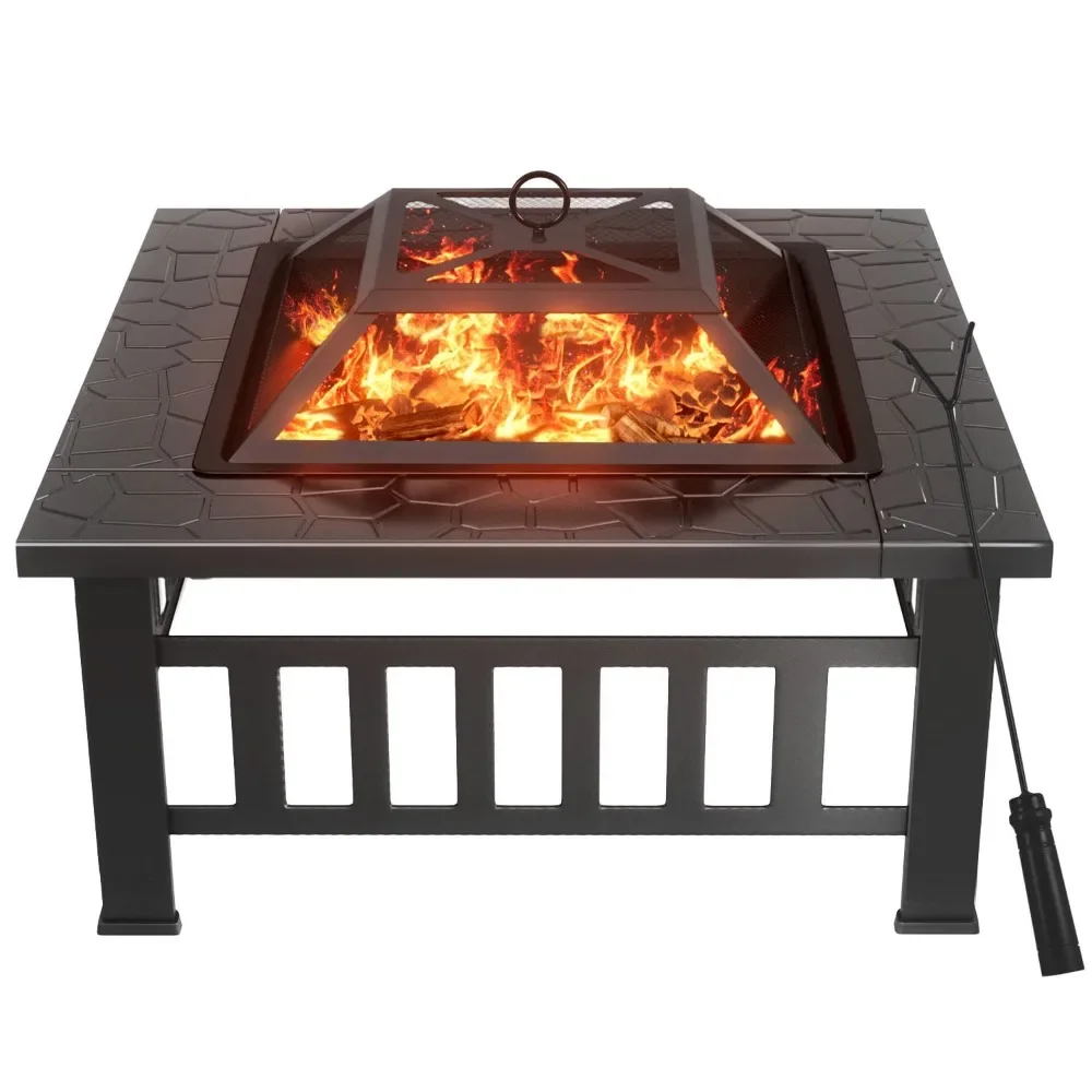 

32" Patio Square Fire Pit Table for Patio Backyard BBQ, Ice Storage with Mesh Lid, Poker and Cover, Black Easy Assembly