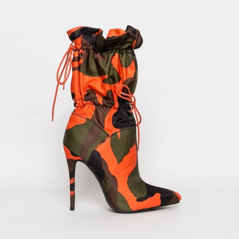 

2023 Spring/Autumn New High Heels 11cm Stilettos Fashion Camouflage Ankle Boots Shoes Woman Lace Up Sexy Night Club Boots Chic