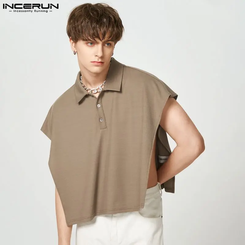 

2023 Men Tank Tops Solid Color Lapel Sleeveless Split Hem Casual Men Clothing Streetwear Fashion Loose Irregular Vests INCERUN