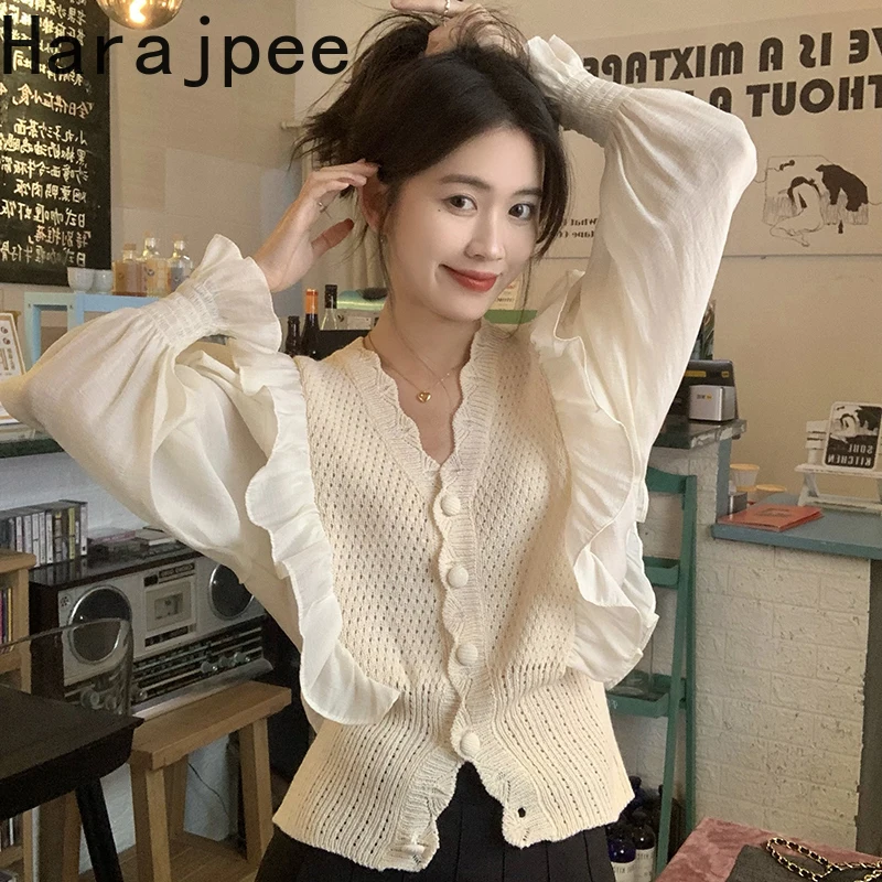 

Harajpee Knitted Patchwork Shirt Fake Two Piece Ruffle Cardigan Korean Chic Solid Long Flare Sleeve Spring New 2022 Women Tops