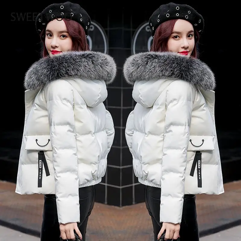 2020 New Winter Jacket Women Parka Coat Fur Collar Hooded Jackets Cotton Padded Parkas Thick Short Coat Female Outwear Tide Slim