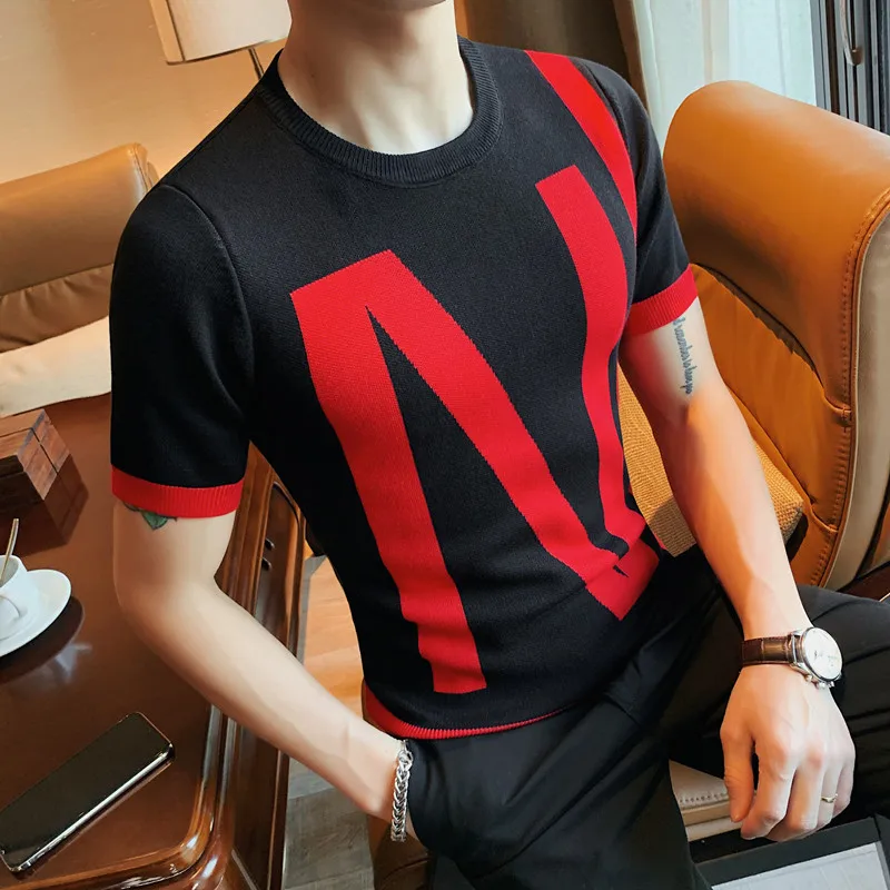 2022 British Style Men's High-Quality Slim Fit Short-Sleeved Sweaters/Men of Letters Printing Leisure Sweater Plus Size S-4XL |