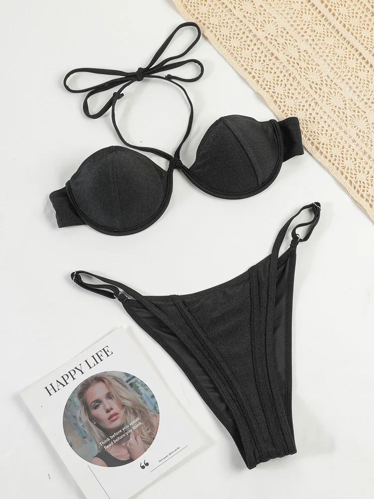 2024 бикини однотонные женские купальники купальник пуш-ап с чашками бразильские