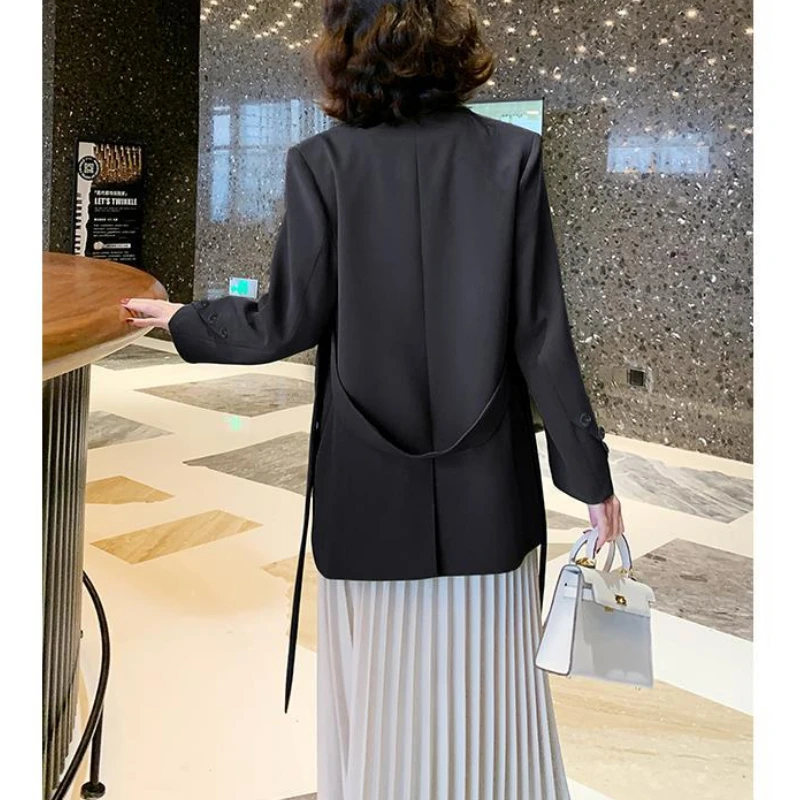 Luxury Chic Long Sleeve Women Blazers Belt Black Suit Office Ladies Jacket Korean Style Coats Double-breasted Solid  Blazer
