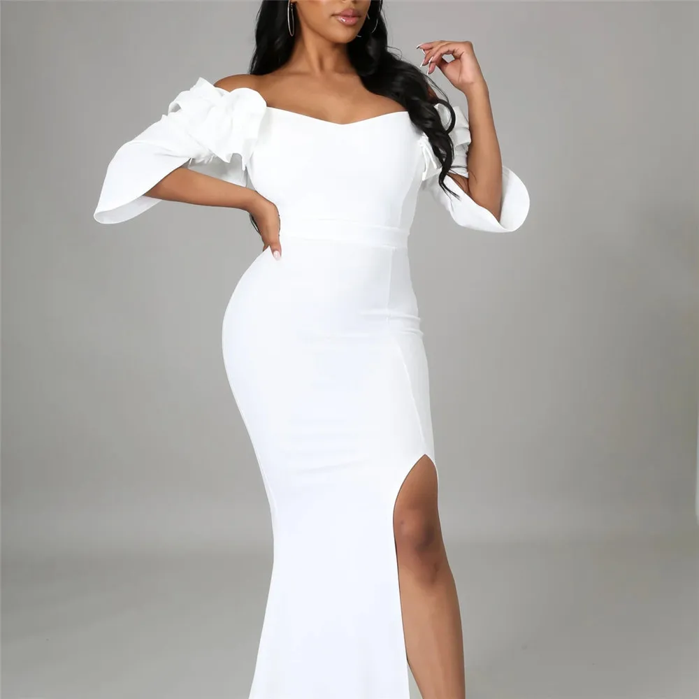 

2022 Fashion Women Dress Short Sleeve Shoulder Off Slim Pullover Side Of Fungus Patchwork Western Style Elegant Lady Party Dress