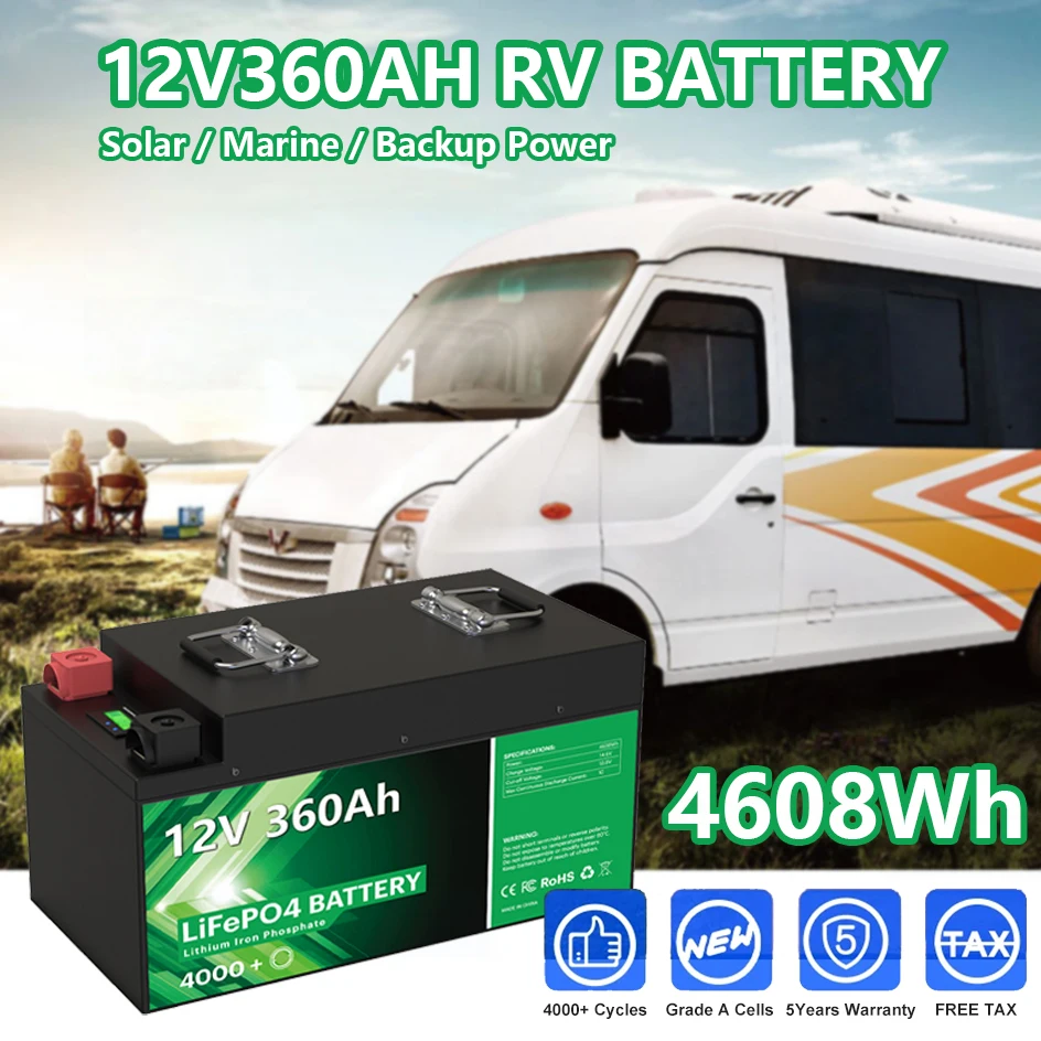 12V 360Ah 280AH LiFePO4 Battery Pack 12.8V 4608Wh Rechargeable RV Car Battery 4000+ Deep Cycles Built-in 4S Smart BMS EU NO TAX main product image