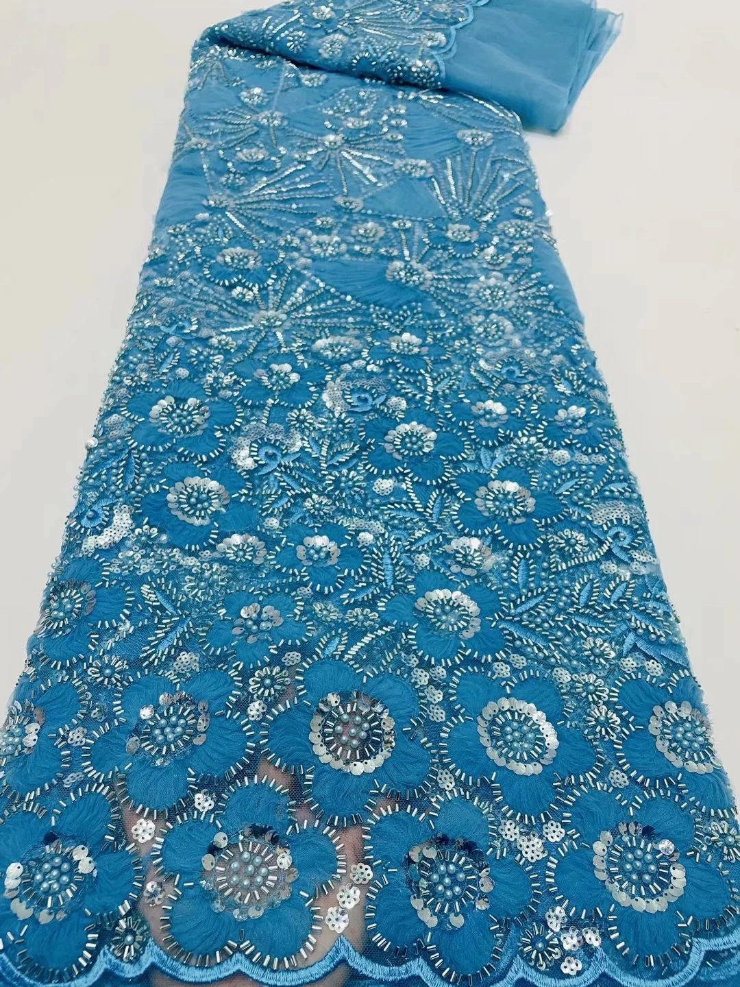 

Green Beaded Tulle Lace Fabric 5 Yards For Lady Formal Dress African Crystal Handmade Tulle Fabric Embroidery Lace