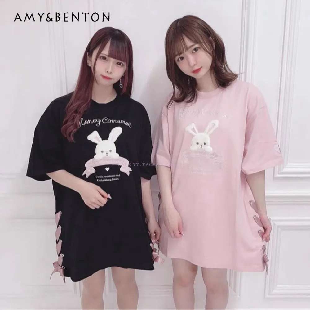 

HC Rabbit Embroidery Ribbon Loose T-shirt Dress Women's Japanese Op Short Sleeve Oversized Mid-Length Graphic T Shirts Summer