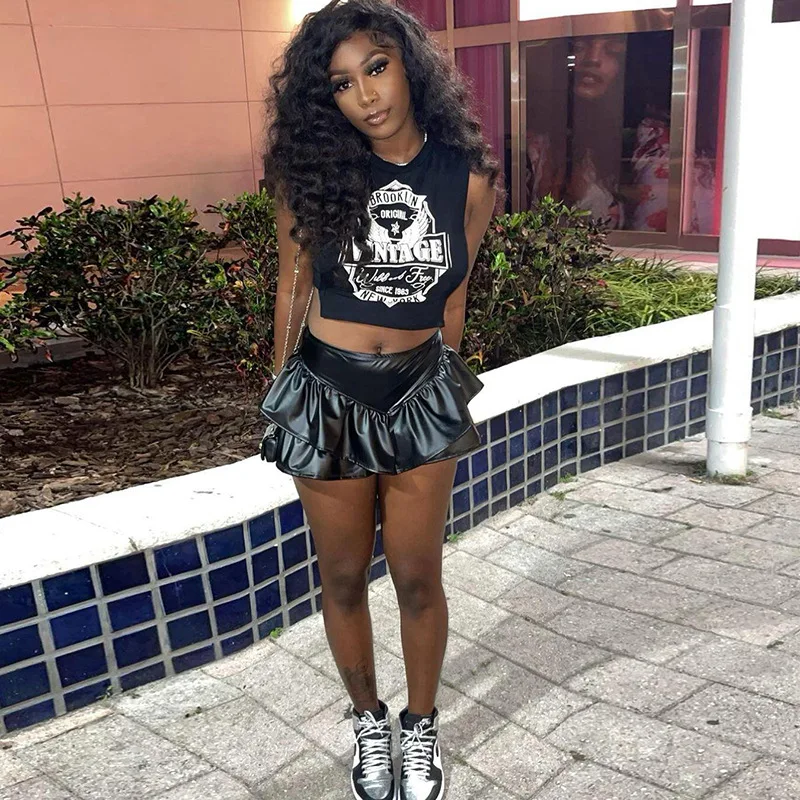 

Clubwear Summer Fashion A-Line Mini Skirts Women Sexy PU Lether Shorts Skirts High Waist Soild Color Shorts Party