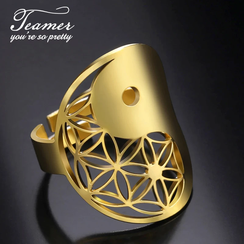 Кольцо Teamer с цветком жизни из нержавеющей стали Винтажное кольцо на палец Инь Янь