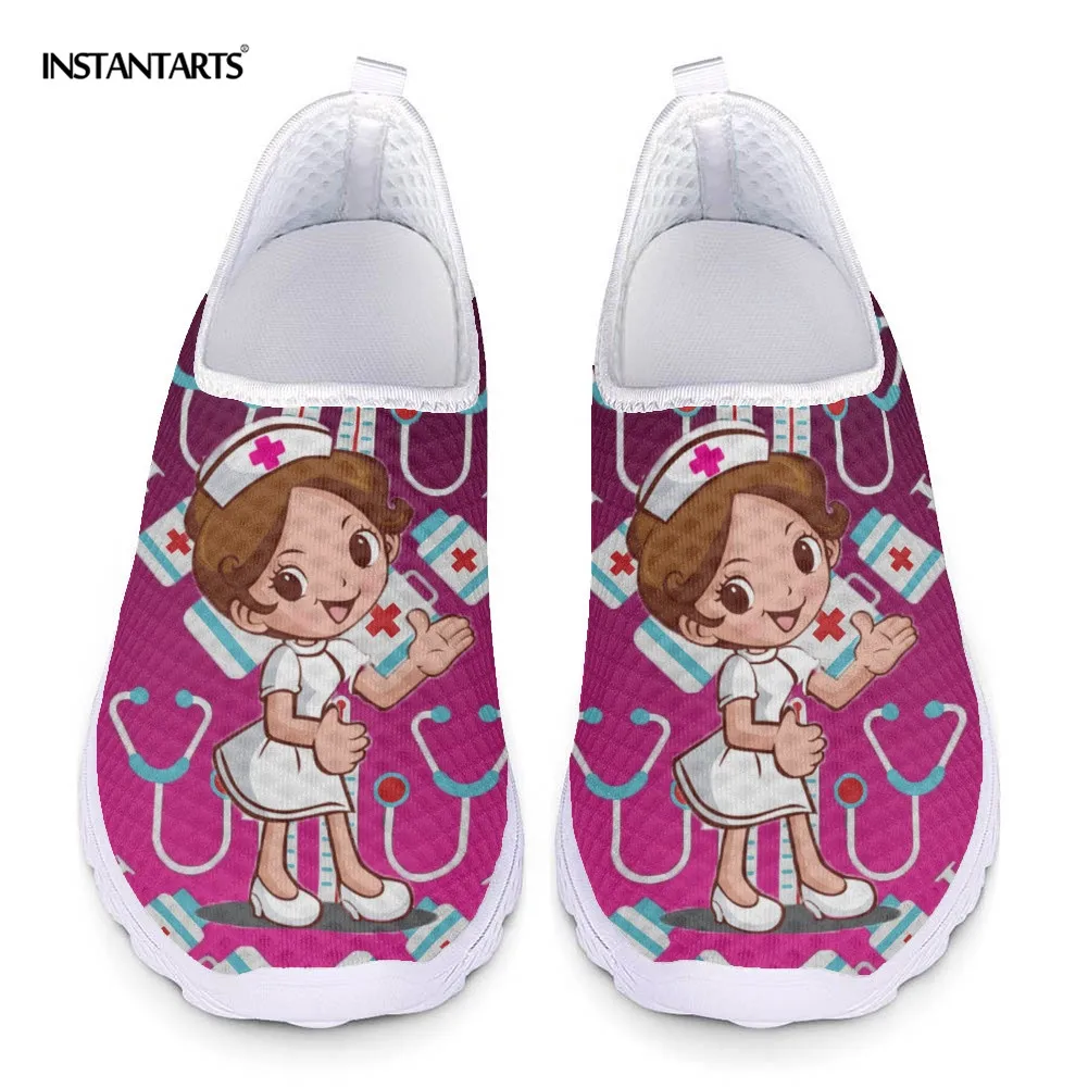 

INSTANTARTS Cute Cartoon Nurse Shoes for Women Summer Light Weight Mesh Slip-on Nursing Sandals Female Flat Footwear Girls Flats