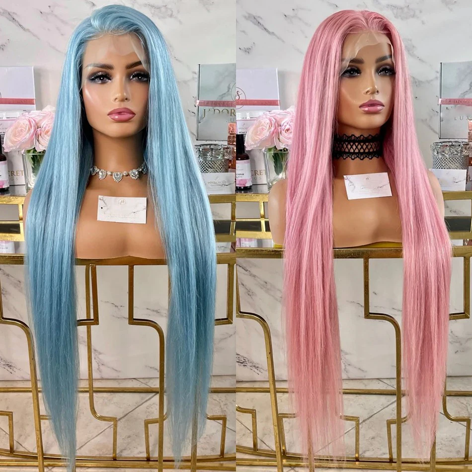 

Human Hair Baby Blue/Pink Silky Straight 13x6 Lace Front Wig for Women HD Lace Pre Plucked Hairline Remy Peruvian Hair Wig