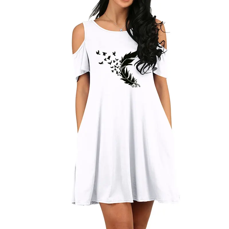 Женская футболка с принтом перьев забавное Повседневное платье круглым вырезом