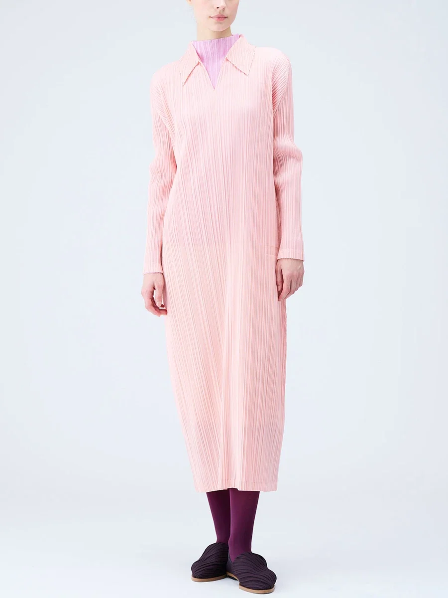 

Женское плиссированное платье миаке, осень 2023, новое однотонное платье-поло с воротником и длинными рукавами, Повседневная трапециевидная юбка в японском и корейском стиле