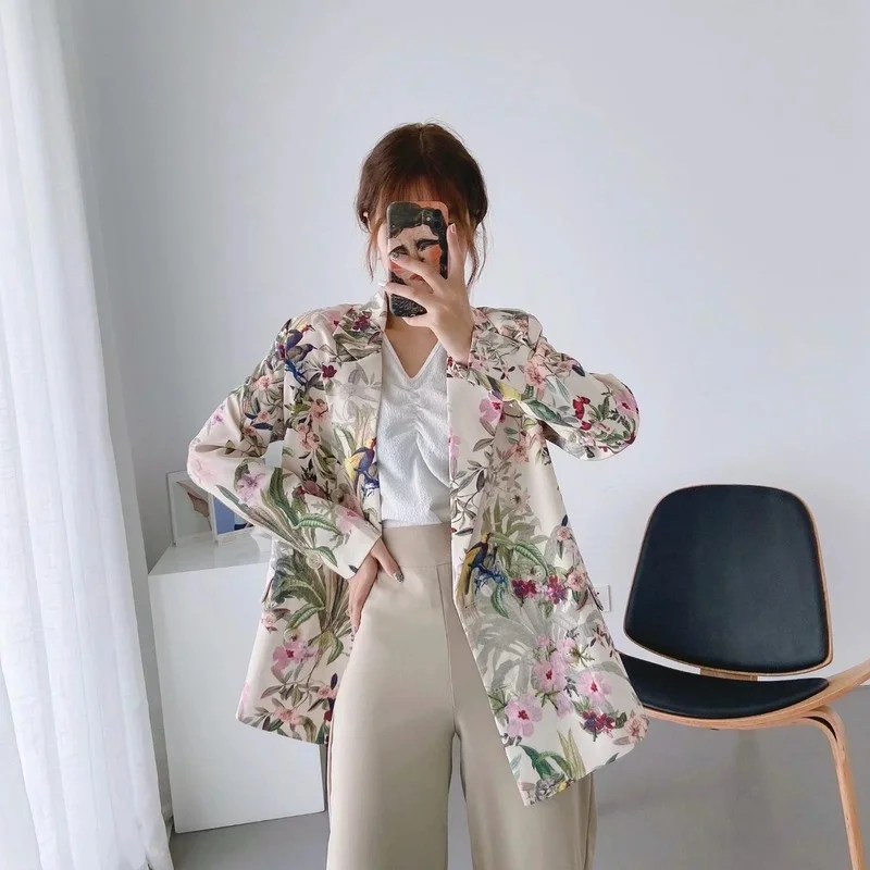 

Floral Casual Blazer 2023 Women Prairie Chic Double Breasted Long Sleeve Loose Office Blazer Suit Sweet Streetwear Flower Jacket
