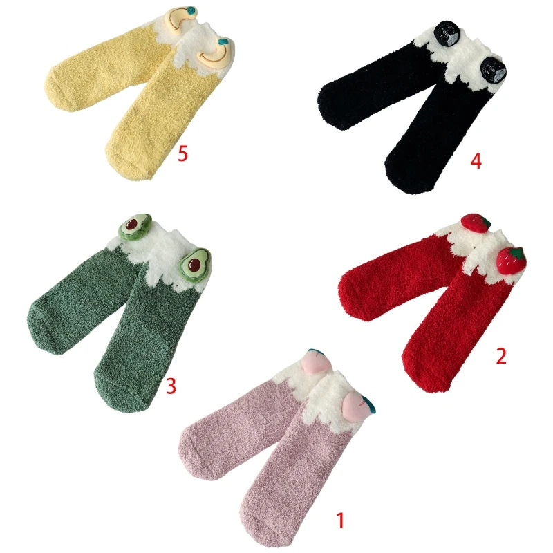

6 пар женские зимние пушистые плюшевые тапочки для экипажа носки мультфильм фрукты теплые чулочно-носочные изделия