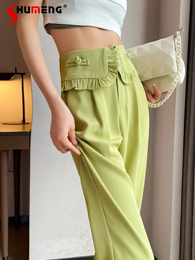 

Women's Summer Cargo Thin Ice Silk Green Pants for Women 2023 New Vintage Buckle Cropped High Waist Suit Pants Office Ladies
