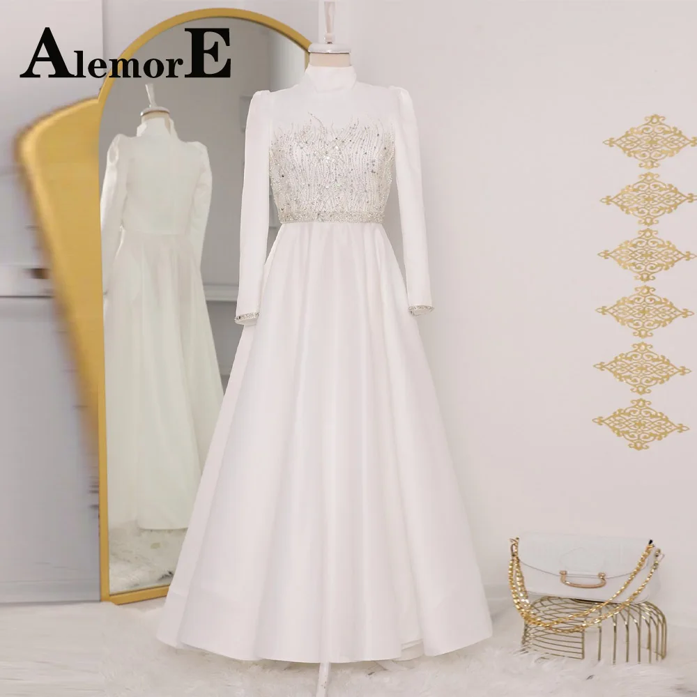 

Alemore Modern Muslim Evening Prom Dresses High Neck Beading Crystal Long Sleeves Pleat A-Line Satin Personalised Abendkleider