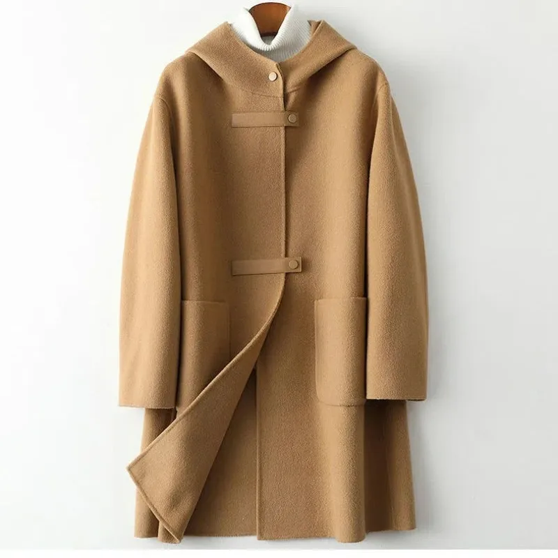 

Fashion Hooded Double-sided Cashmere Coat Women 2023 Autumn Winter Double-sided Woolen Windbreakers Temperament Slim Wool Coats