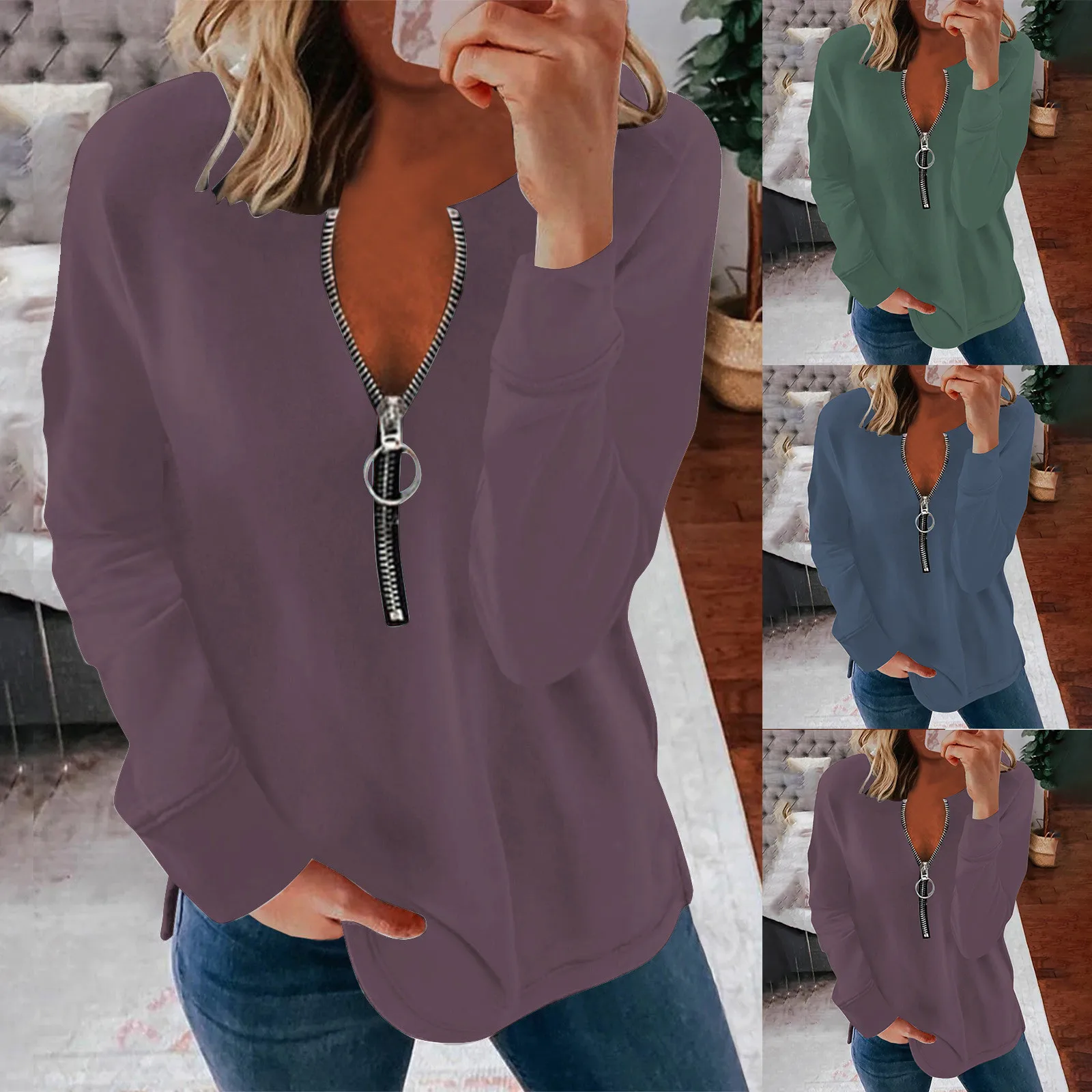 

Three-Quarter Zipper V Neck Women Blouse Long Sleeve Shirts Plus Size Casual Pullover Sweatshirts Loose Sweetwear Shirts Camisas