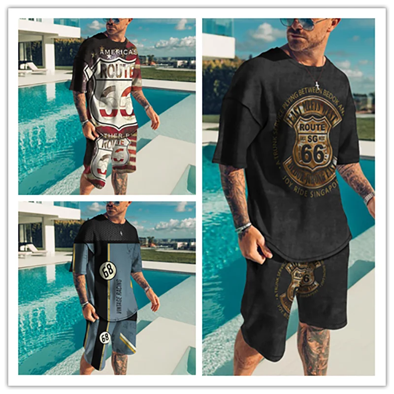 

Casual Loose America Route 66 Letters Blouse 3D Digital Print Harajuku Short Sleeve T-shirt Set Tracksuit Fashion Trend Clothes