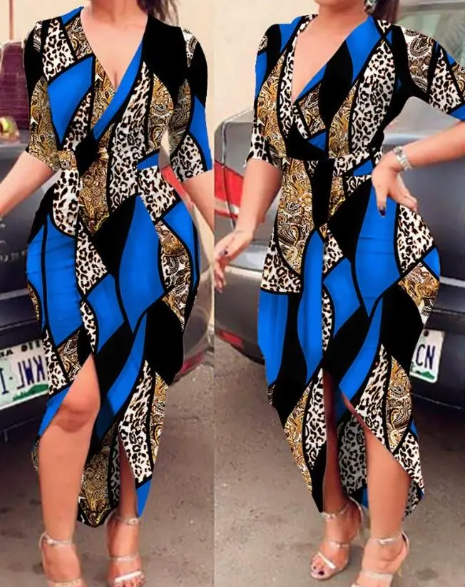 

Leopard Print Slit Midi Dress for Women Fashion Summer Sexy V-Neck Short Sleeved Baroque Skinny Dresses Female Elegant Outfits