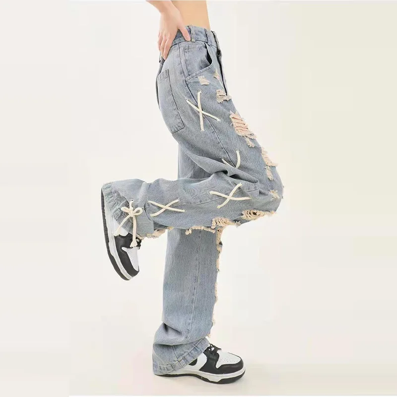 Four Seasons Men's Trousers High Street Trend Big Hole Side Tie Design Hip-Hop Jeans Men's and Women's Same Style Ins Hot Sale